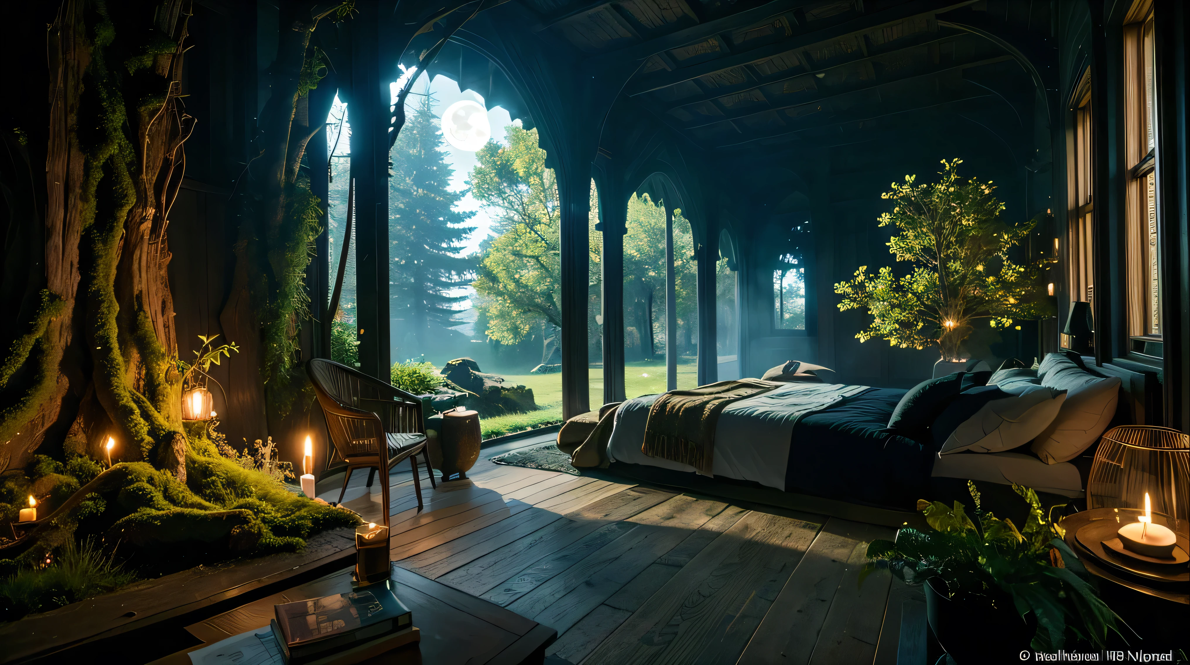 Room with a bed, a large window in its bedroom and a moonlit landscape, surreal, otherworldly, illustration of a supernatural scene depicting a huge crystal tree full body, highly detailed and magical lighting, beautiful moonlit night, intricate forest details, surrounding vegetation and river, solarpunk, landscape, huge tree, beautiful leaves with beautiful lighting and realistic proportions, like a movie background, 8k, top quality, masterpiece, sky with clouds and stars. A large moon in the background, a cinematic moonlit night with a stream flowing in that forest, mysterious and cinematic.Bed Room.