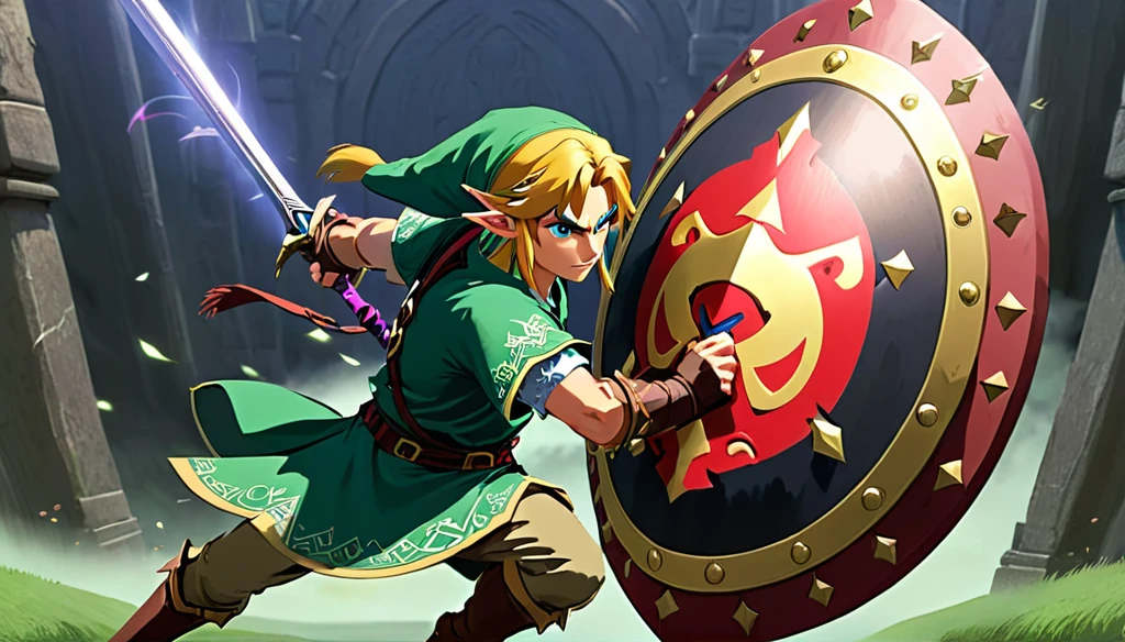 Link with the Hylian shield fight Ganondorf ghibli style detailed  