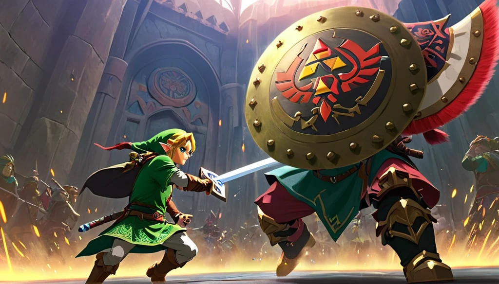 Link with the Hylian shield fight Ganondorf ghibli style detailed  