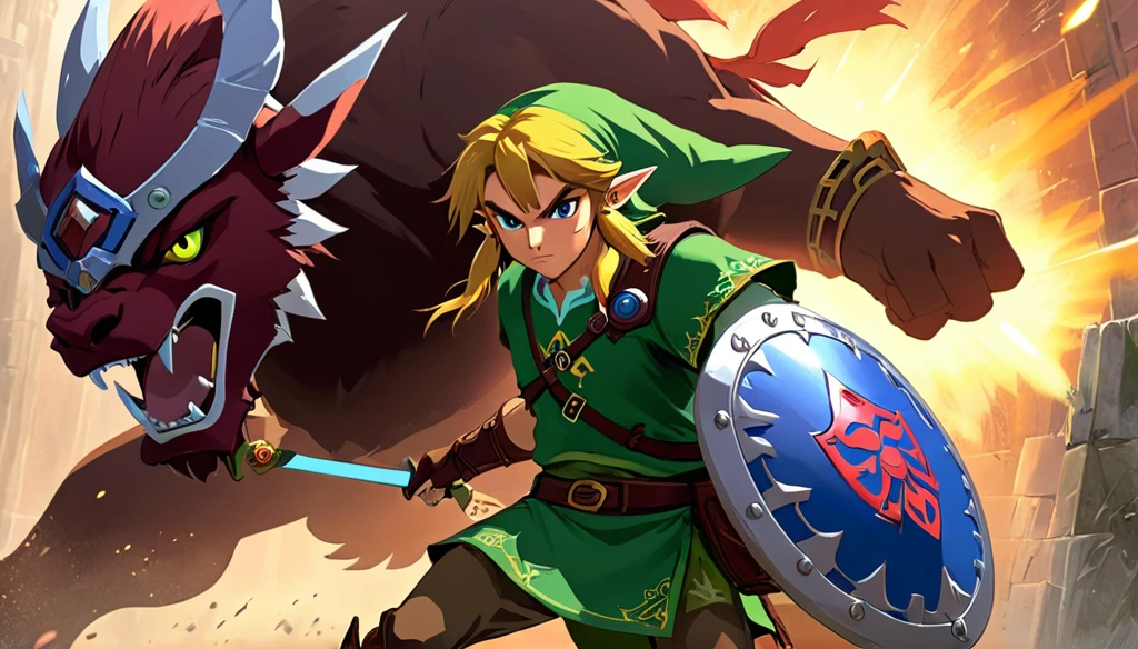 Link with the Hylian shield fight Ganondorf ghibli style detailed