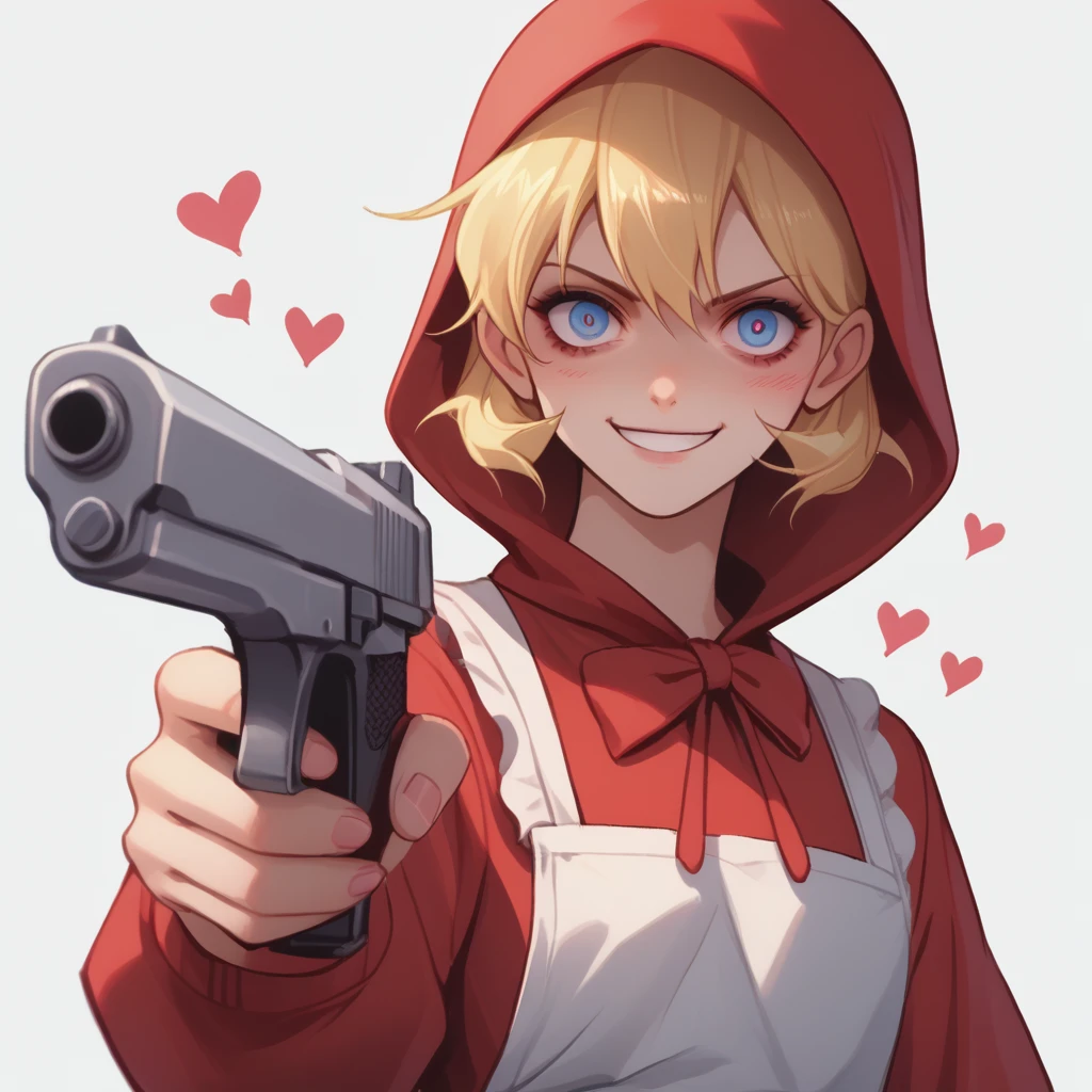 source_anime, anime screencap, anime coloring,score_8_up,score_7_up,score_6_up,score_5_up,score_4_up, 1girl,solo,,stkyswt, bulleta,blonde hair,
little red riding hood (grimm) (cosplay),red dress,red hood, apron, evil, crazy smile, looking at viewer, upper body,heart, right pistol