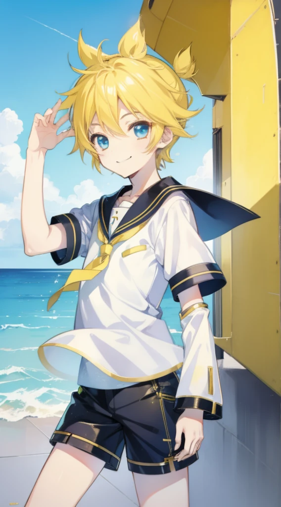 one boy, Len_Kagamine, sailor uniform, short pants, smile, cool, outdoor, character focus, cowboy shot