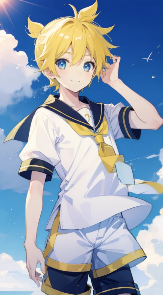 one boy, Len_Kagamine, sailor uniform, short pants, smile, cool, outdoor, character focus, cowboy shot