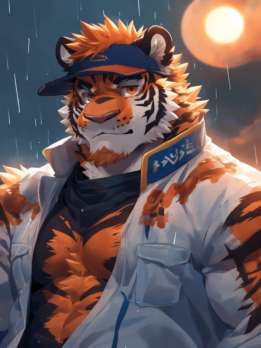 human nature, Wildlife, male,18 years old, solitary, ((Round Face, The face is plump,Orange eyes,Thick orange hair,With scars)), ((Endomorph, Handsome,Hot Blood)), (Sportswear,Light blue and white coat,Wear a sports cap), ((domestic tiger, tiger,) Fluffy fur, Fluffy), Bokeh, (high quality, high resolution, masterpiece), (Dynamic Lighting, Vibrant colors,Natural fill light), (Revitalize,harm,Disdain,aggressive), Full body picture (close up), cartoon, author:Takemoto Arashi, From zixiong, By Chunni, author:Empty Ghost,(background:Raining dead city)