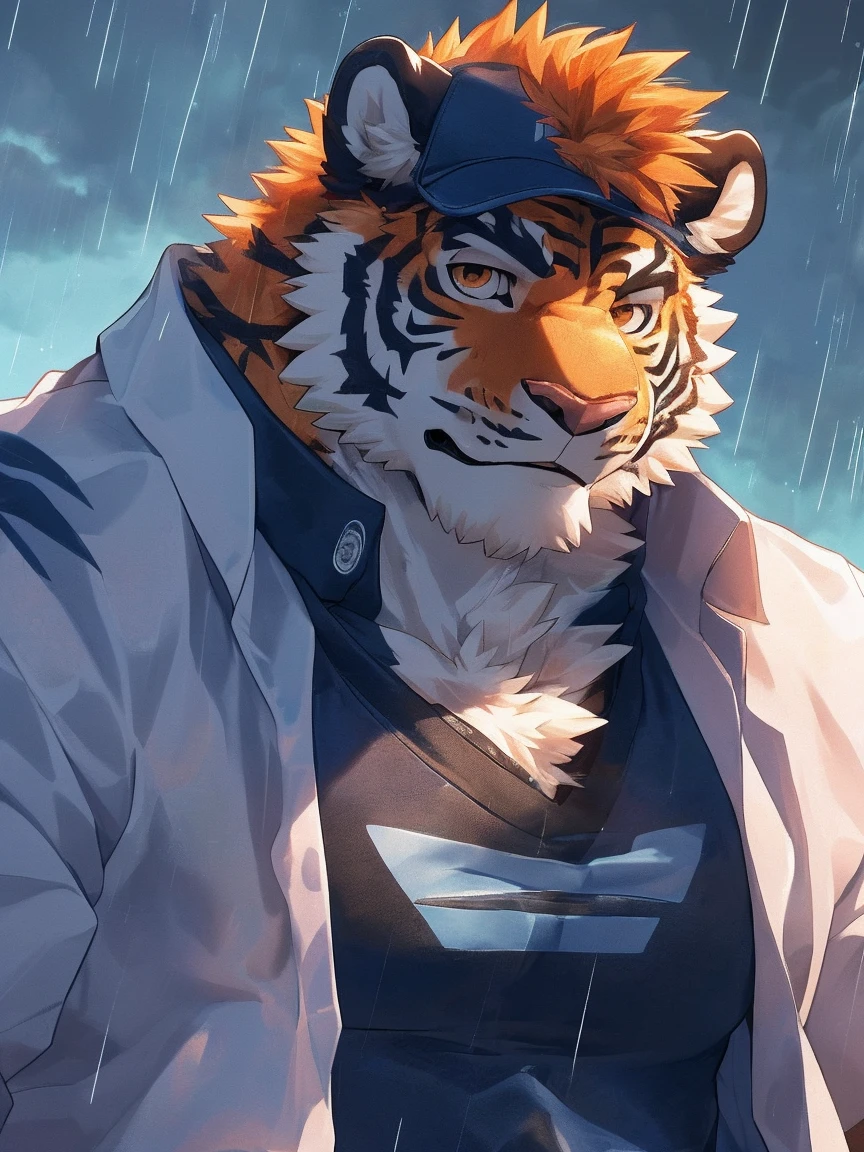 human nature, Wildlife, male,18 years old, solitary, ((Round Face, The face is plump,Orange eyes,Thick orange hair,With scars)), ((Endomorph, Handsome,Hot Blood)), (Sportswear,Light blue and white coat,Wear a sports cap), ((domestic tiger, tiger,) Fluffy fur, Fluffy), Bokeh, (high quality, high resolution, masterpiece), (Dynamic Lighting, Vibrant colors,Natural fill light), (Revitalize,harm,Disdain,aggressive), Full body picture (close up), cartoon, author:Takemoto Arashi, From zixiong, By Chunni, author:Empty Ghost,(background:Raining dead city)