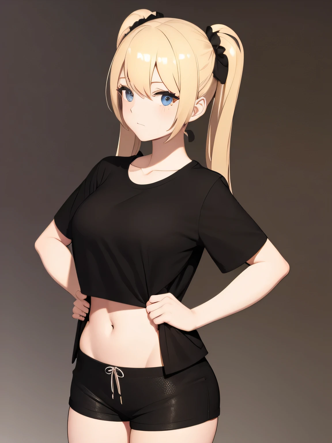 She has blonde twin tails、Wearing a black T-shirt and shorts