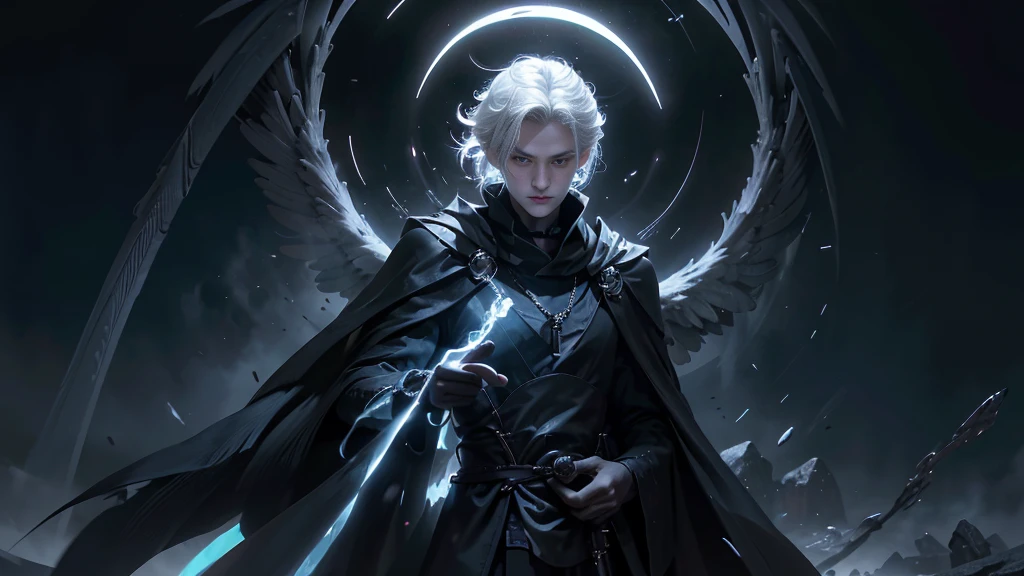 A white-haired man with a slender face, wearing a long black cloak, large black wings, holding an ancient magic stone, stood up, hovering over darkness, his blue eyes shining with determination, showing his determination to achieve his goal. The white-haired god, slender in face, wore a black cloak adorned with gold patterns. With long black wings, he holds the ancient scriptures, he stands in the air, the darkness. His posture represents power and greatness. The male character from the white-haired cartoon, his face is slender, wears an old black robe, his black wings look rough, he holds a magic stone, he stands with lice. Dark, his face represents fatigue and determination to overcome obstacles. A young man with white hair, slender face, wears a colored robe. Black Tei looks simple, his black wings look light, holding a new look of magic stones, standing, lice, darkness. His posture represents peace and determination to build the future. The white-haired man, slender face, wears a long black robe, large black wings, holds an ancient magic stone, stands, roller coaster, darkness. His blue eyes projected a glimmer of determination, showing his determination to achieve his goal. The white-haired god, slender face, wearing a black robe adorned with gold patterns, elongated black wings, holding an ancient scripture, standing with a roller coaster, darkness, his gestures symbolized power and power. Big male cartoon character with white hair, slender face, wearing a black robe, looking old, black wings looking rough, holding a stone. A powerful wizard, standing, hovering, darkness, his face representing fatigue and determination to overcome obstacles. A young man with white hair, slender face, wearing a simple black robe, thin black wings, holding a great magic stone, standing lice, darkness, his posture represents pity. Happiness and determination to create the future
