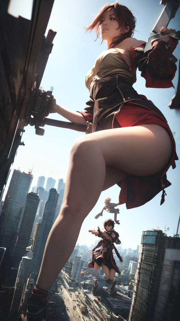 The giant girl wields a hammer and destroys the city,A giant woman in a lying on top of a cyberpunk city, Wear short skirts,Little guys running around the giant girl,The little person panicked and ran away,Many cars pass by, Standing on her hand, cgsociety 9, 2. 5 d cgi fantasy art, engine rendering unreal + a goddess, full body cgsociety, artgerm ; Hyper realistic 3d content, giant art, super detailed 3d matte paintings, super detailed 3d matte paintings, realistic fantasy art, realistic 3 d anime style. Beautiful girl. Big thighs."The boy stood on the top of a high-rise building waving to the girl". Color ultra 4k.The little person panicked and ran away.Giant attack.Shibuya,tokyo.