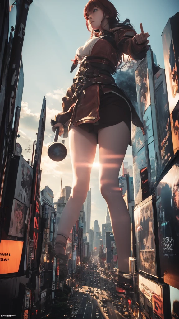 The giant girl wields a hammer and destroys the city,A giant woman in a lying on top of a cyberpunk city, Wear short skirts,Little guys running around the giant girl,The little person panicked and ran away,Many cars pass by, Standing on her hand, cgsociety 9, 2. 5 d cgi fantasy art, engine rendering unreal + a goddess, full body cgsociety, artgerm ; Hyper realistic 3d content, giant art, super detailed 3d matte paintings, super detailed 3d matte paintings, realistic fantasy art, realistic 3 d anime style. Beautiful girl. Big thighs."The boy stood on the top of a high-rise building waving to the girl". Color ultra 4k.The little person panicked and ran away.Giant attack.Shibuya,tokyo.