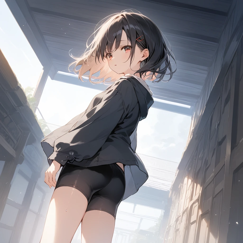 score_9, score_8_up, score_7_up, source_anime, best quality, masterpiece, official art, absurdres, highres, ultra-detailed,waifu2x,Collection: Slice of Life,break,1girl, 15-year-old, short hair, black hair, small breasts, beautiful detailed face, beautiful detailed eyes, well-proportioned iris and pupils, parted lips, beautiful detailed lips, bike shorts, sweat, expressionless, sleepily, School commute route, outdoors, wind, break,(clear line illustration:1.2),very high resolution, very aesthetic, super detailed skin, Best cinematic lighting powered by famous artist, 8k, beauty illustration,photoshop_(medium),,(Detailed Lighting),best anime 8k konachan wallpaper, pixiv contest winner,