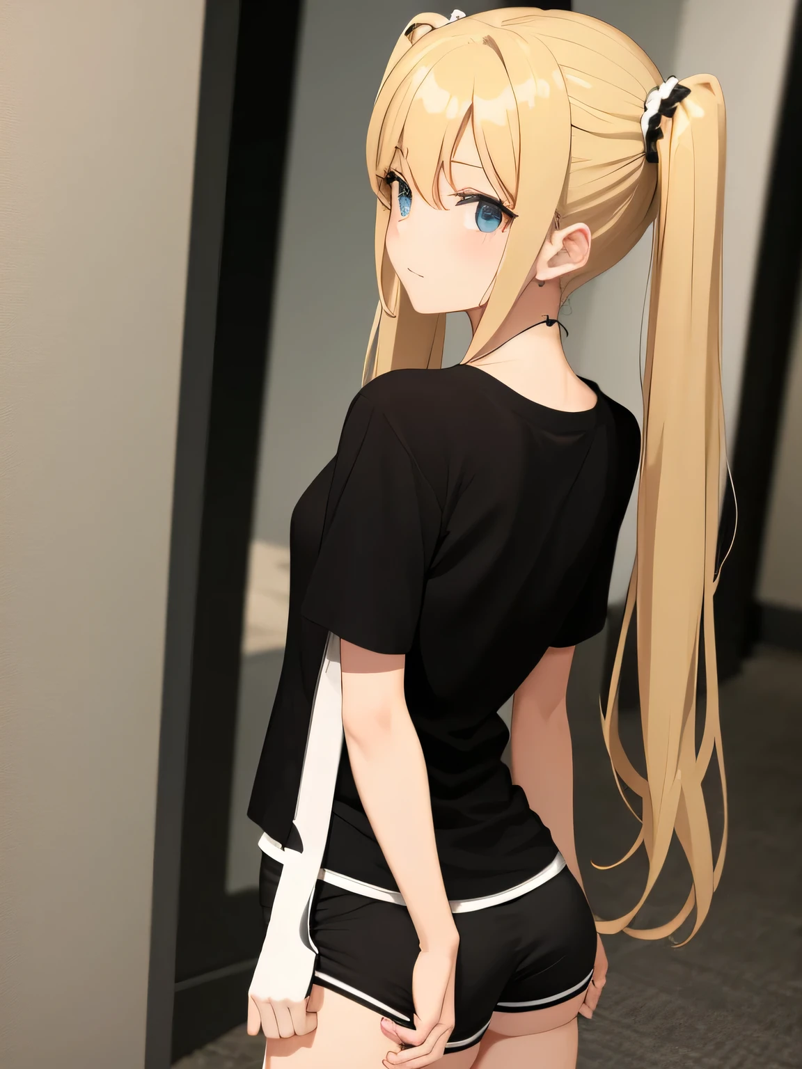 She has blonde twin tails、Wearing a black T-shirt and shorts