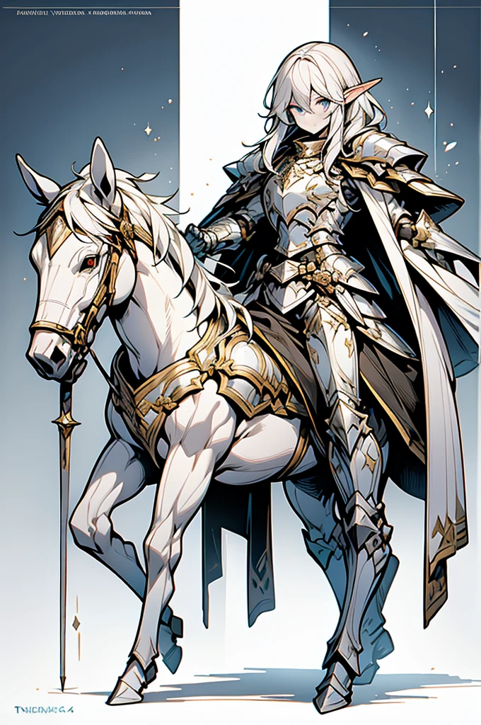 male half elf knight, full body art, silver hair, white skin, topaz iris eye, knight full plate adorned armor, silver cape, perfectly detailed, mounted on a perfectly knight horse.