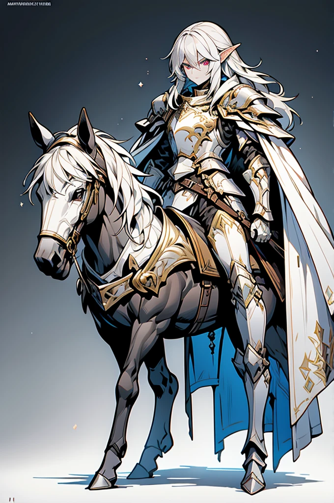 male half elf knight, full body art, silver hair, white skin, topaz iris eye, knight full plate adorned armor, silver cape, perfectly detailed, mounted on a perfectly knight horse.