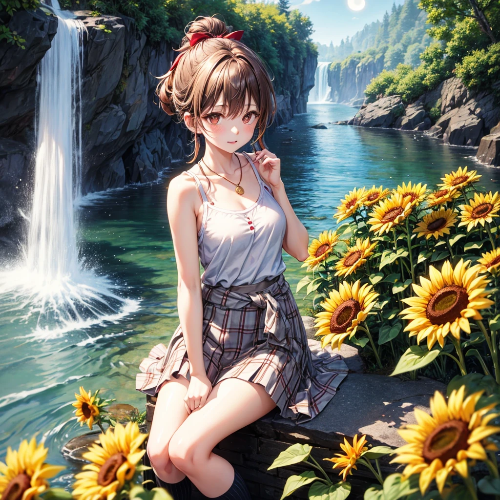Red, brown, gold, gold hair、Golden Eyes、Hair tied up、One good looking girl、solo、anime、Checkered mini skirt、Ruffles on the skirt、camisole、Lightweight cardigan、Black knee-high socks、Wearing a baseball cap、Ribbon、Ribbon on waist、Teeth are visible、Silver coin necklace、shine、From above、Sparks are flying、tunnel、Cobblestones、waterfall、Clear Stream、Have sunflowers、Midnight Moon、Winding Road、Unlocking