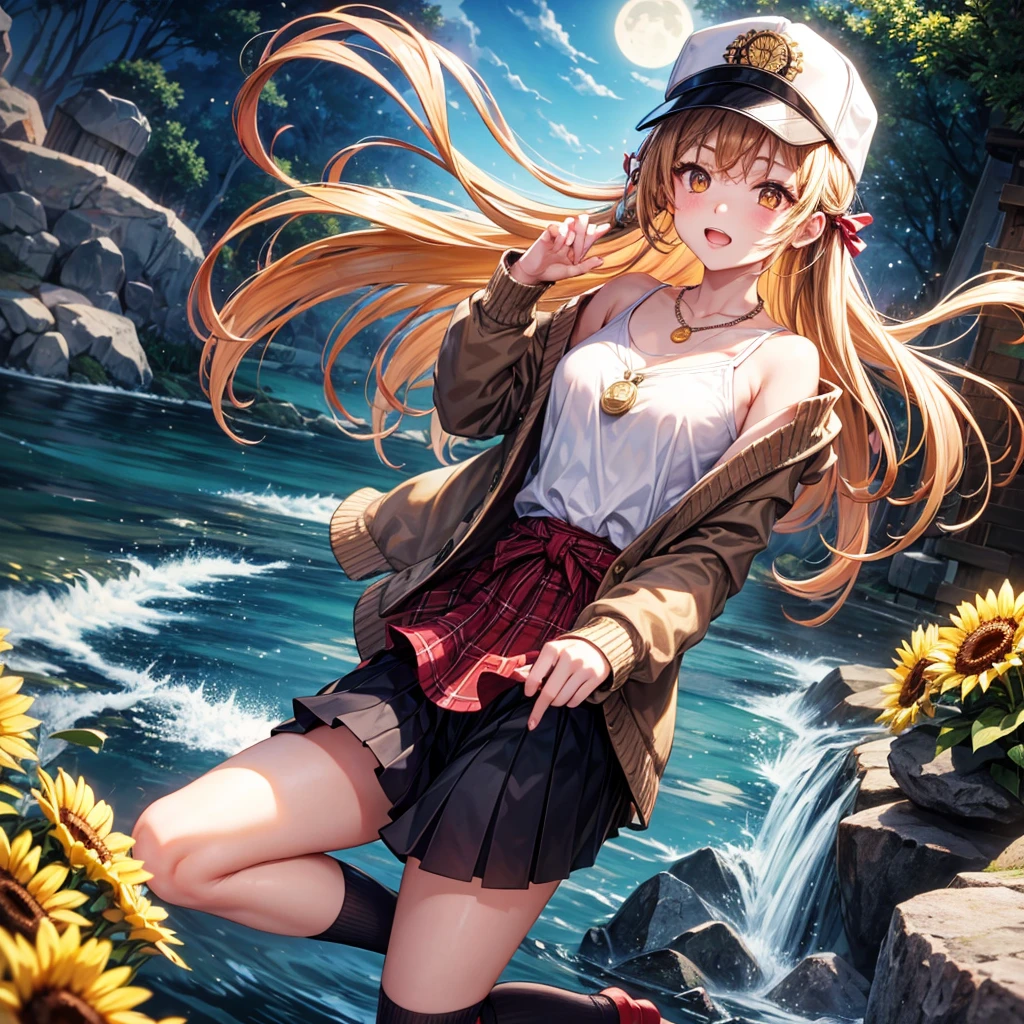 Red, brown, gold, gold hair、Golden Eyes、Hair tied up、One good looking girl、solo、anime、Checkered mini skirt、Ruffles on the skirt、camisole、Lightweight cardigan、Black knee-high socks、Wearing a baseball cap、Ribbon、Ribbon on waist、Teeth are visible、Silver coin necklace、shine、From above、Sparks are flying、tunnel、Cobblestones、waterfall、Clear Stream、Have sunflowers、Midnight Moon、Winding Road、Unlocking