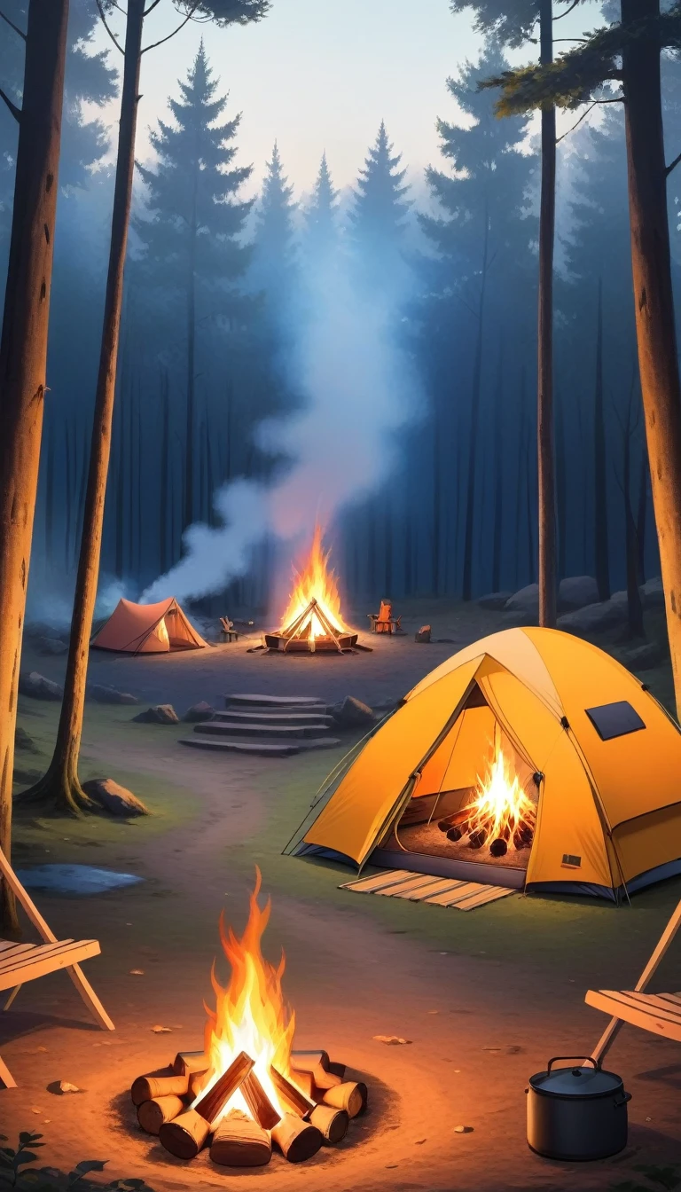 A tent is set up in the forest and a bonfire is taking place, just the background