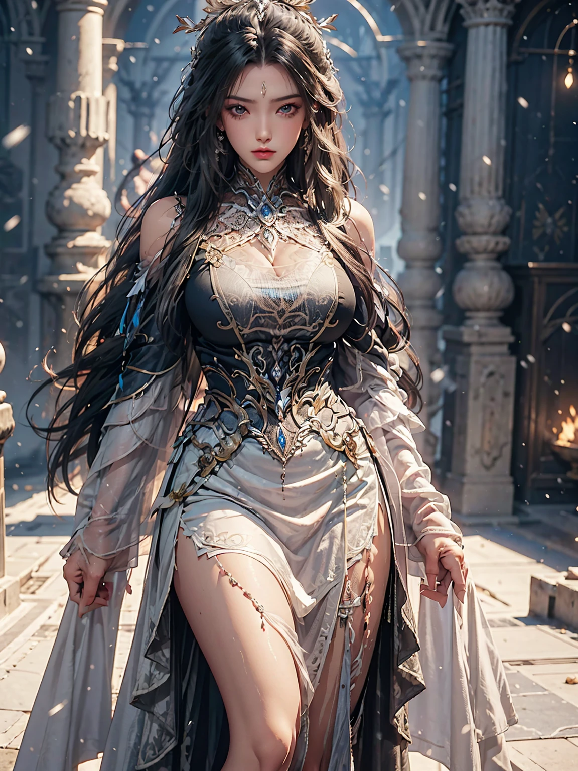 A girl,whole body,,Lace,Off-shoulder,Slit skirt,antiquity,snowflake,snow
