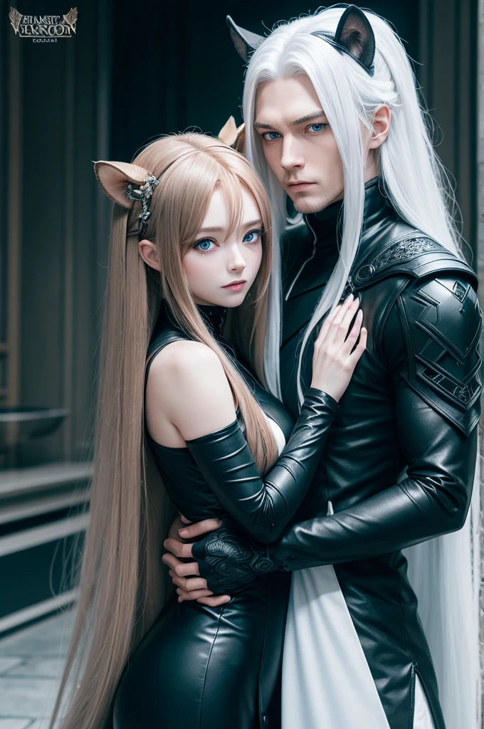 anime man with very long white hair frosted blue eyes with a pair of black wings in black assassin clothes hugging his sister a squirrel woman with short reddish-brown hair emerald eyes with squirrel ears and a voluminous tail anime style image 