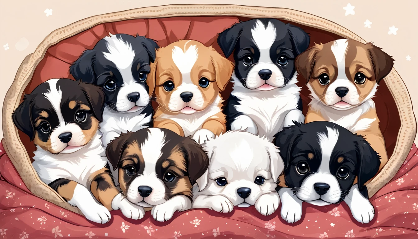 A group of puppies of different breeds, each with their own unique markings and personalities, snuggled together in a cozy bed, dreaming of their next adventure.