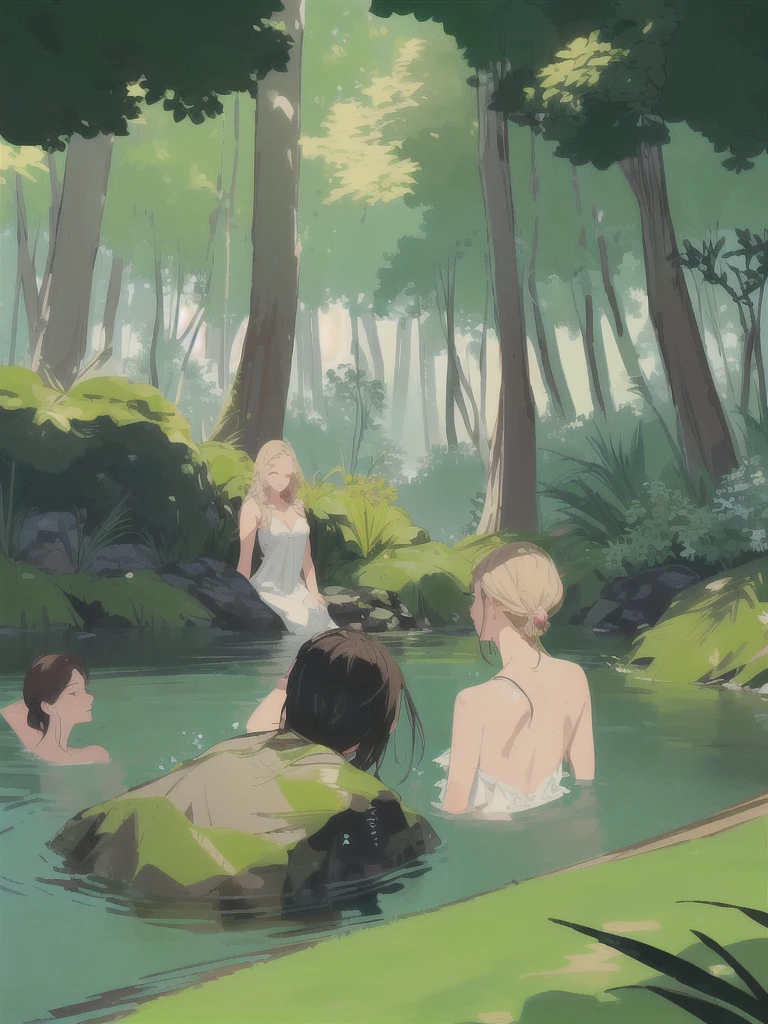 a group of 4 people bathing in a lake,1 woman, 3 men, crystal clear water, lush green trees surrounding the lake, warm sunlight filtering through the leaves, peaceful and serene atmosphere, detailed facial features, realistic skin textures, wet clothing and hair, splashing water effects, high quality 8k resolution, photorealistic, vibrant colors, natural lighting, masterpiece