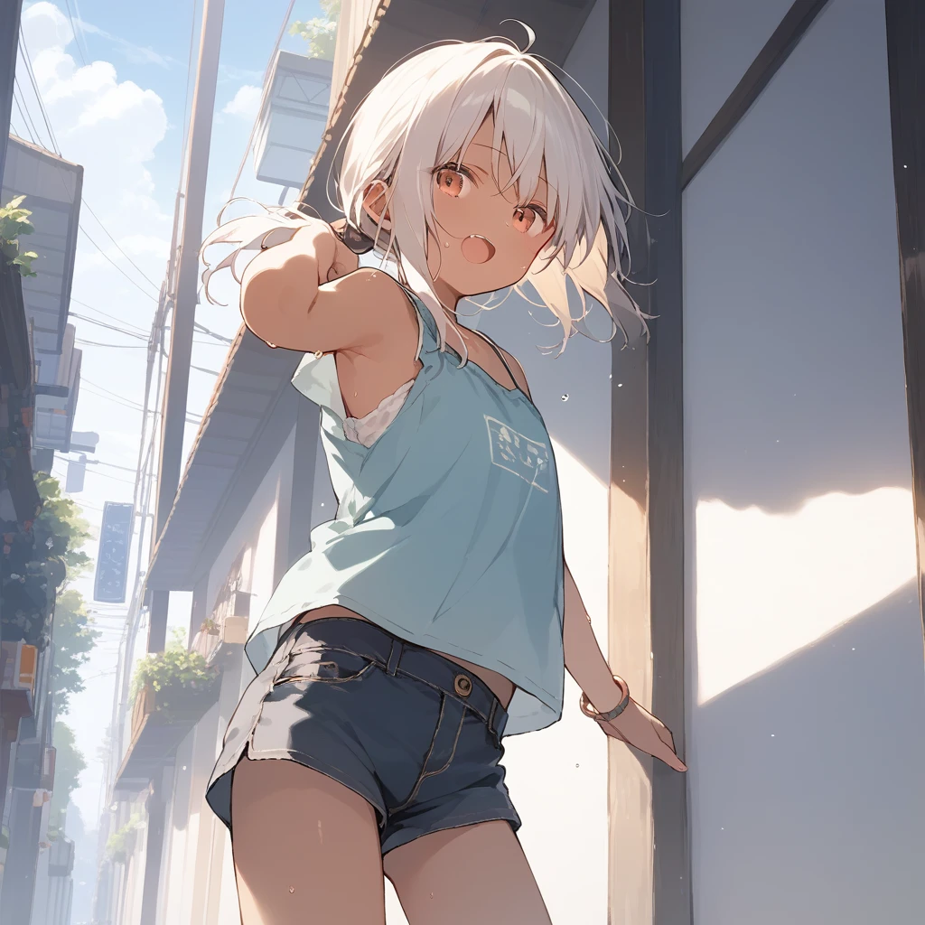 score_9, score_8_up, score_7_up, source_anime, best quality, masterpiece, official art, absurdres, highres, ultra-detailed,waifu2x,Collection: Slice of Life,break,1girl, tomboy, dark-skinned female, short hair, low ponytail, flat chest, beautiful detailed eyes, short shorts, sweat, open mouth, (yawn:0.3), sleepily, outdoors, wind, break,(clear line illustration:1.2),very high resolution, very aesthetic, super detailed skin, Best sexual lighting powered by famous artist, 8k,cute picture,beauty illustration,photoshop_(medium),,(Detailed Lighting),best anime 8k konachan wallpaper, pixiv contest winner,