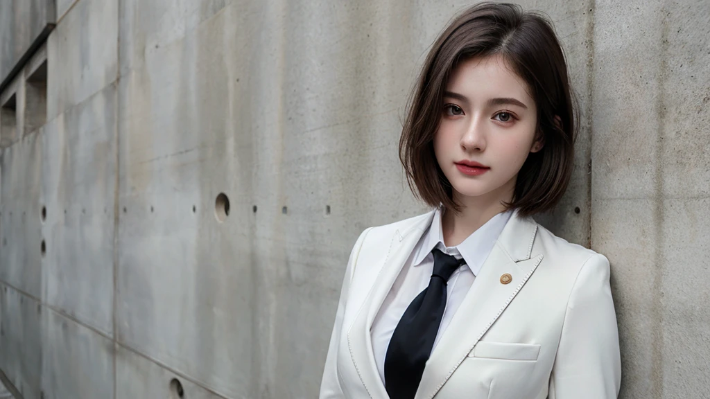 ((best quality)), photorealistic, photorealism, Photorealistic, high resolution, Beautiful, , 20 Years Old, Whitkin, pale skin, thick body, Combat pose, ((Detailed face)), short hair, ((wearing business suit, shirt, formal suit, cleaveage, blazer, black trouser)), Fingers are occluded, ((detailed fingers)), concrete wall background, front angle, half body close up