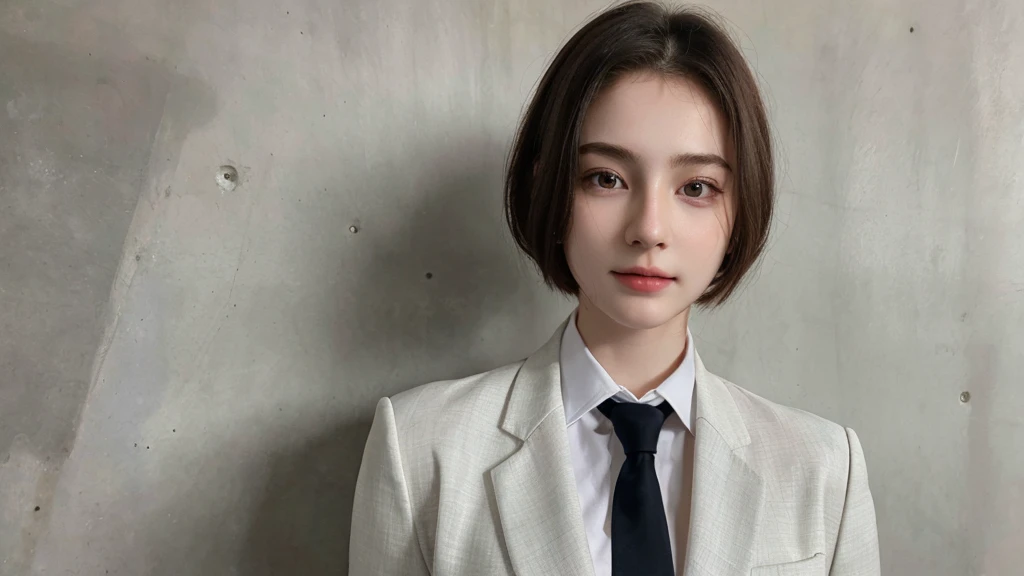 ((best quality)), photorealistic, photorealism, Photorealistic, high resolution, Beautiful, Baby Face, 20 Years Old, White Skin, pale skin, thick body, Combat pose, ((Detailed face)), short hair, ((wearing business suit, shirt, formal suit, cleaveage, blazer, black trouser)), Fingers are occluded, ((detailed fingers)), concrete wall background, front angle, half body close up