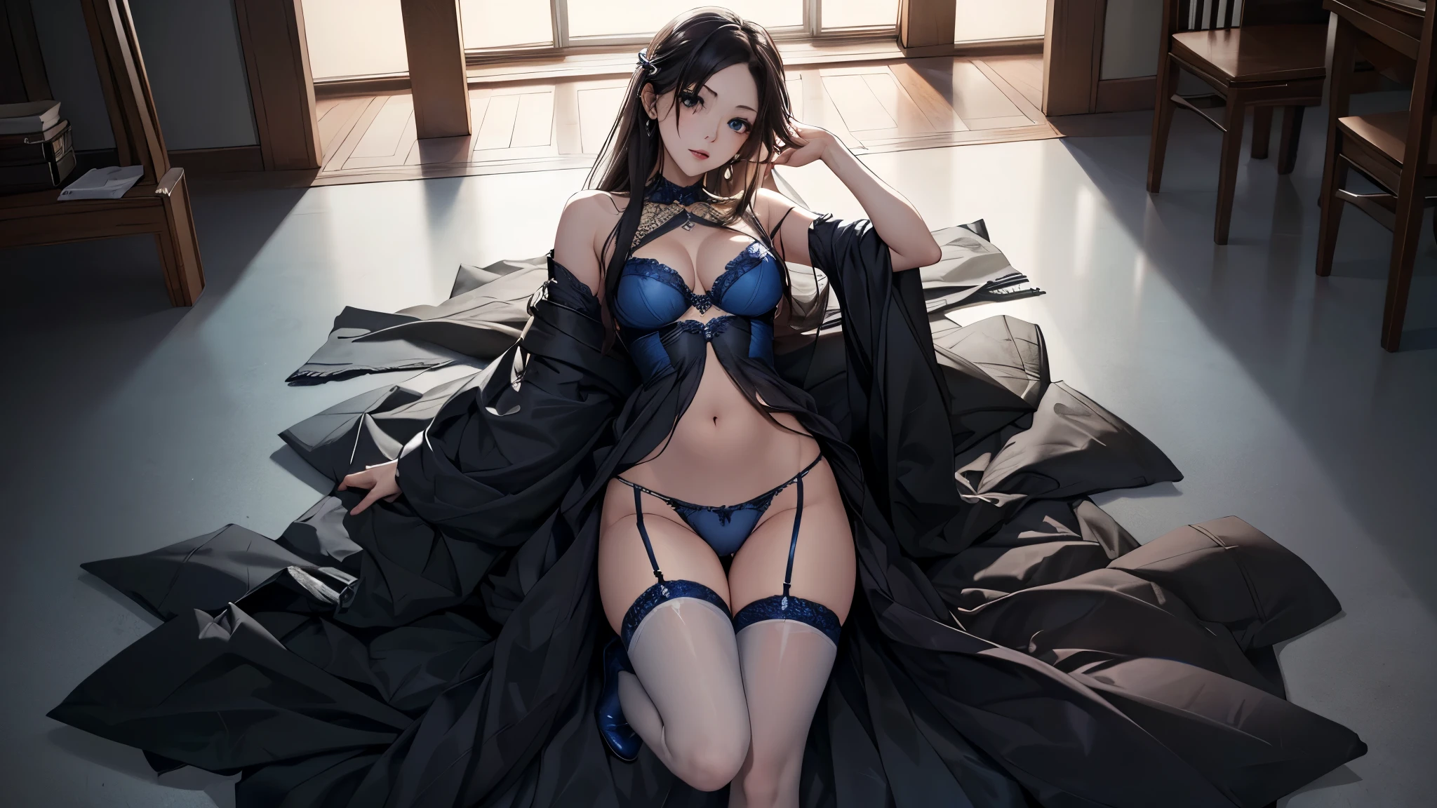 ((Biologically correct limb count))、((Full Body Shot, Full-body photo including face、Head to toe photos))、4K、masterpiece、((Focus on the face))、((Symmetrical facial features))、Eyes of meticulous depiction、One beautiful woman、Excellent style、（(Panties and bras、Garter belt and garter stockings、High heels)）、Detailed Description、Small earrings、necklace、High angle、Looking up、Her dark blue wedding dress is open and her panties are showing.