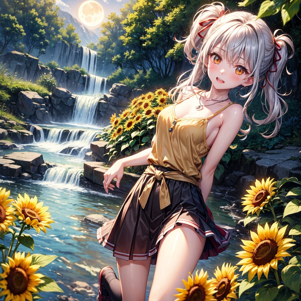 Red, brown, gold, gold hair、Golden Eyes、Hair tied up、One good looking girl、solo、anime、Checkered mini skirt、Ruffles on the skirt、camisole、Lightweight cardigan、Black knee-high socks、Wearing a baseball cap、Ribbon、Ribbon on waist、Teeth are visible、Silver coin necklace、shine、From above、Sparks are flying、tunnel、Cobblestones、waterfall、Clear Stream、Sunflower field、Have sunflowers、Midnight Moon、Winding Road、Unlocking