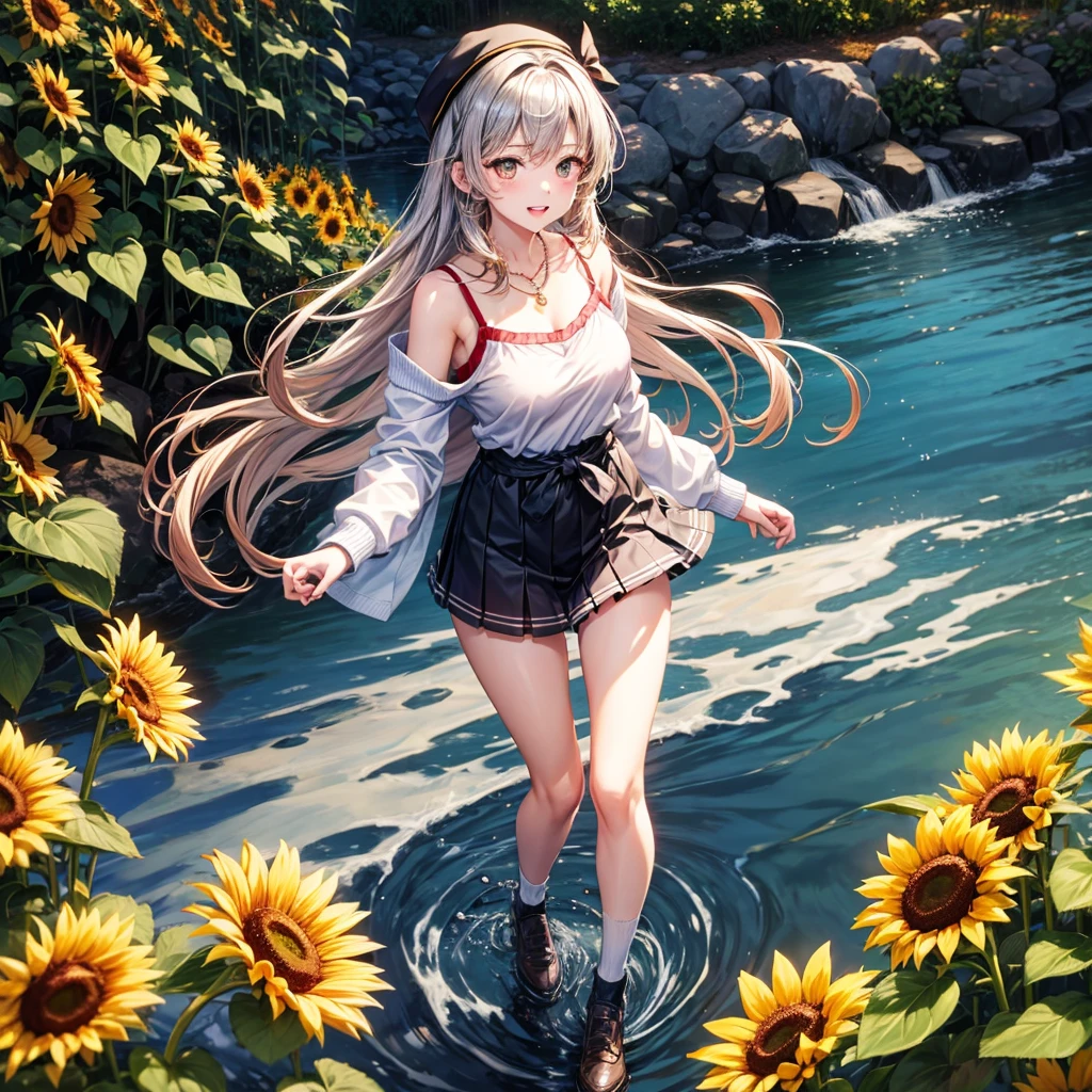 Red, brown, gold, gold hair、Golden Eyes、Hair tied up、One good looking girl、solo、anime、Checkered mini skirt、Ruffles on the skirt、camisole、Lightweight cardigan、Black knee-high socks、Wearing a baseball cap、Ribbon、Ribbon on waist、Teeth are visible、Silver coin necklace、shine、From above、Sparks are flying、tunnel、Cobblestones、waterfall、Clear Stream、Sunflower field、Have sunflowers、Midnight Moon、Winding Road、Unlocking