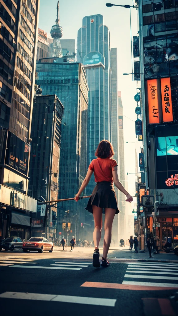 The giant girl wields a hammer and destroys the city,A giant woman in a lying on top of a cyberpunk city, Wear short skirts,Little guys running around the giant girl,The little person panicked and ran away,Many cars pass by, Standing on her hand, cgsociety 9, 2. 5 d cgi fantasy art, engine rendering unreal + a goddess, full body cgsociety, artgerm ; Hyper realistic 3d content, giant art, super detailed 3d matte paintings, super detailed 3d matte paintings, realistic fantasy art, realistic 3 d anime style. Beautiful girl. Big thighs."The boy stood on the top of a high-rise building waving to the girl". Color ultra 4k.The little person panicked and ran away.Giant attack.Shibuya,tokyo.