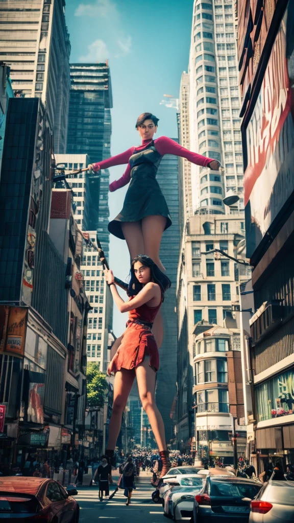 The giant girl wields a hammer and destroys the city,A giant woman in a lying on top of a cyberpunk city, Wear short skirts,Little guys running around the giant girl,The little person panicked and ran away,Many cars pass by, Standing on her hand, cgsociety 9, 2. 5 d cgi fantasy art, engine rendering unreal + a goddess, full body cgsociety, artgerm ; Hyper realistic 3d content, giant art, super detailed 3d matte paintings, super detailed 3d matte paintings, realistic fantasy art, realistic 3 d anime style. Beautiful girl. Big thighs."The boy stood on the top of a high-rise building waving to the girl". Color ultra 4k.The little person panicked and ran away.Giant attack.Shibuya,tokyo.