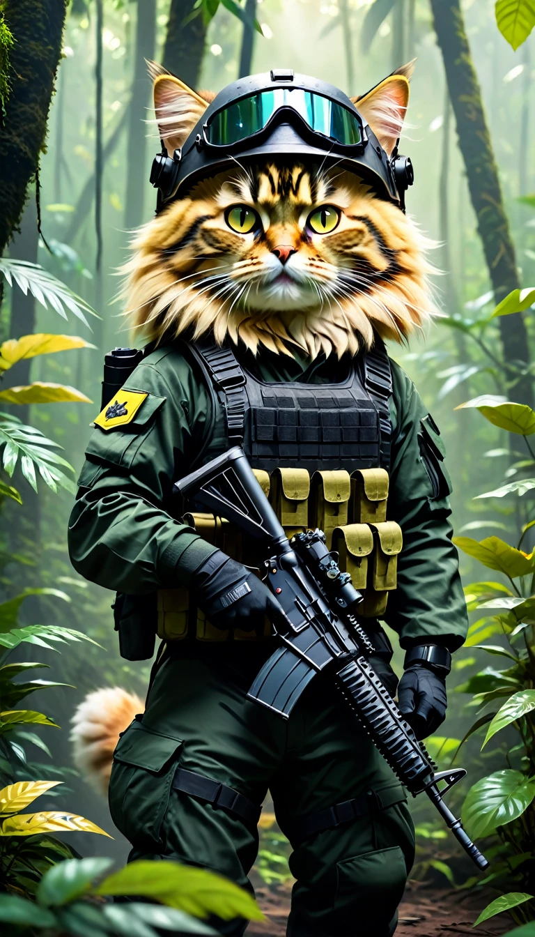 Best Quality, Standing on its hind legs, black and yellow Siberian cat in the special forces style, armed with an M4A1, wearing a helmet, goggles, carefully observes in the jungle and gives the command to go to the front. Cinematic quality, Still from the film. Hyper-realistic. Bright colors of forest.