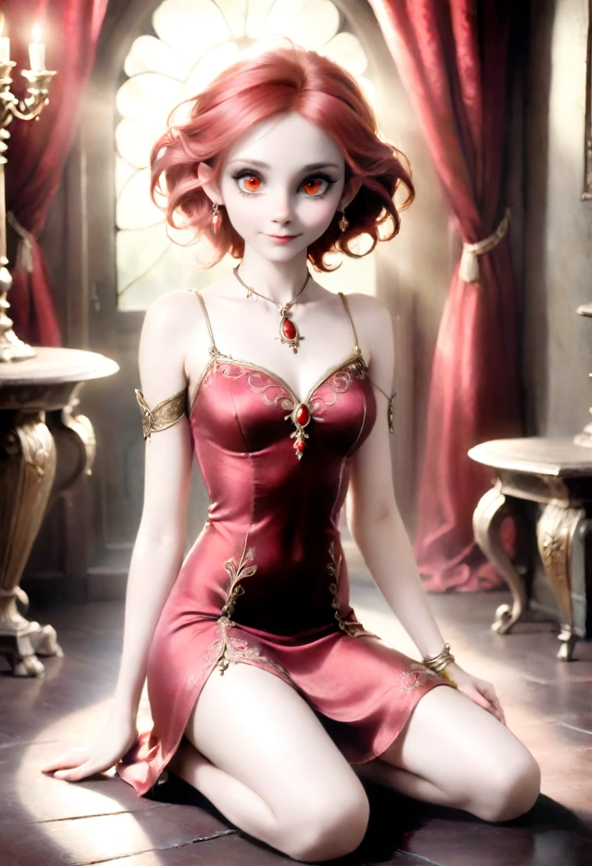 (Realisttic:1.2), analog photo style, (cute goblin wooman looking like elf, intensed red eyes, surrounded by a gloomy antique setting), (her full body s a visual pleasure), faint smile, soft shading expresses beautiful skin texture, silk material, elegant dress, Graceful curve from ankle to toe, leather pumps, light reflection on the floor, ornate embroidery and embellishments, an elegant necklace, thin bracelets on the wrist, rich and lustrous hair, three dimensional effect, gloomy dark atmosphere, play of light in the sun rays, a delicate balance between beauty and darkness, faded colours, great quality, Masterpiece, intricate fantasy background, naturally cinematic light, 16k quality, HDR, RAW photo