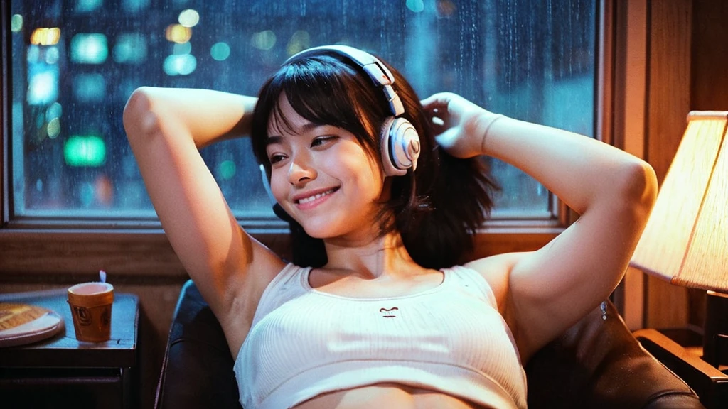 night、Girl listening to music in a cozy room, Use headphones, 2D Style Anime, Rain outside the window、Analog Color Theme、Ghibli style、neon, close up, detailed background, chill, rain outdoor, detailed face, smile, long hair, large breast, ((crop top, white crop top, navel)), crop, city light, bare shoulder, detailed armpit, cleveage