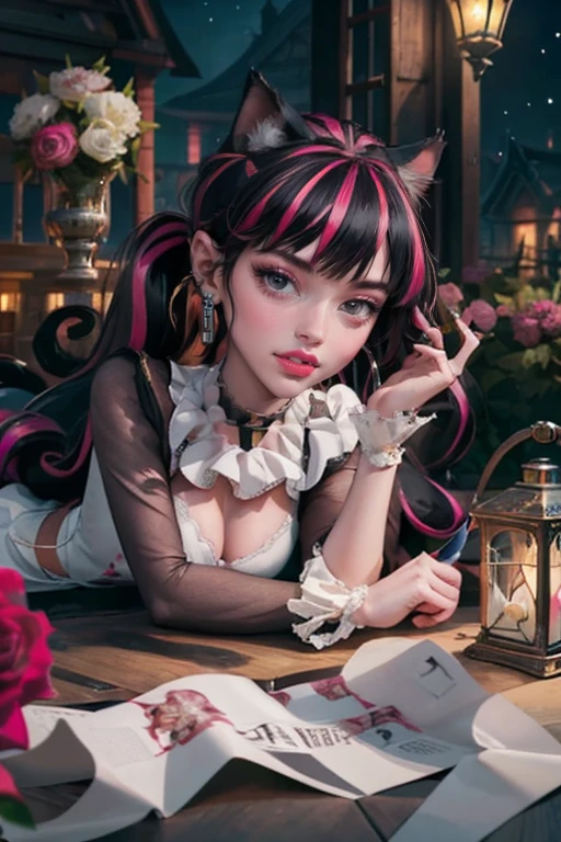 1 girl, a girl with bat wings, holding a red rose, succubus, bakery, a red roses on focus, red roses, bat choker, necklace, centered, bat jewelry, gothic scenery, Pink bat Jewelry, smile, vampire fangs, (looking at viewer), Draculaura_MH, wavy hair, solo, white roses, ornament hair, pink roses on her hair, bat ears on the top of the head, a vampire girl, holding a red rose, perfectly body, perfectly hands, pink hair, flowing hair, short hair, laying down on a grass, chinese garden style, oriental garden, a lake with white carpas on the background, gold lantern, pink dress, chinese pink dress, a dress with layers, short skirt, more details on her clothes, golden details, night, smiling, pink dress, garden scene, cowboy shot, luxury, gold details on her clothes, 1girl, dress, jewelry, maid clothes, maid, maid dress, maid apron, maid headdress, white apron, solo, pink dress, gold lantern, Chinese style, Chinese lanterns, Chinese maid dress, red gloves, white socks, white laces, red shoes, gold details on her clothes, cat ears, animal ears, garden, flowers, temple, lantern rite, more details, best quality