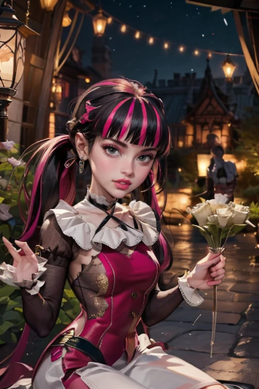 1 girl, a girl with bat wings, holding a red rose, succubus, bakery, a red roses on focus, red roses, bat choker, necklace, centered, bat jewelry, gothic scenery, Pink bat Jewelry, smile, vampire fangs, (looking at viewer), Draculaura_MH, wavy hair, solo, white roses, ornament hair, pink roses on her hair, bat ears on the top of the head, a vampire girl, holding a red rose, perfectly body, perfectly hands, pink hair, flowing hair, short hair, laying down on a grass, chinese garden style, oriental garden, a lake with white carpas on the background, gold lantern, pink dress, chinese pink dress, a dress with layers, short skirt, more details on her clothes, golden details, night, smiling, pink dress, garden scene, cowboy shot, luxury, gold details on her clothes, 1girl, dress, jewelry, maid clothes, maid, maid dress, maid apron, maid headdress, white apron, solo, pink dress, gold lantern, Chinese style, Chinese lanterns, Chinese maid dress, red gloves, white socks, white laces, red shoes, gold details on her clothes, cat ears, animal ears, garden, flowers, temple, lantern rite, more details, best quality