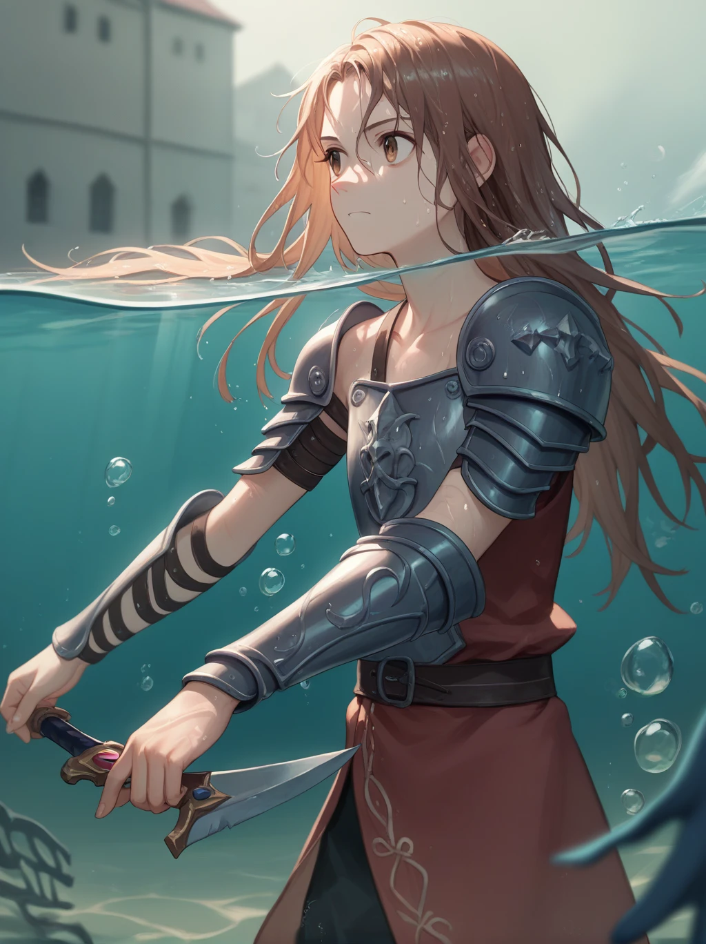 Partially underwater,最high quality,high quality, 4 year old , Long Hair, Brown Hair, Wet Hair, Blurred Edges,Flat Chest,Pitch-dark underground labyrinth,No light,Leather armor,Equipped with a dagger and a shield,Face above water,Body in water, Underwater Photography,The robe rolls up due to buoyancy