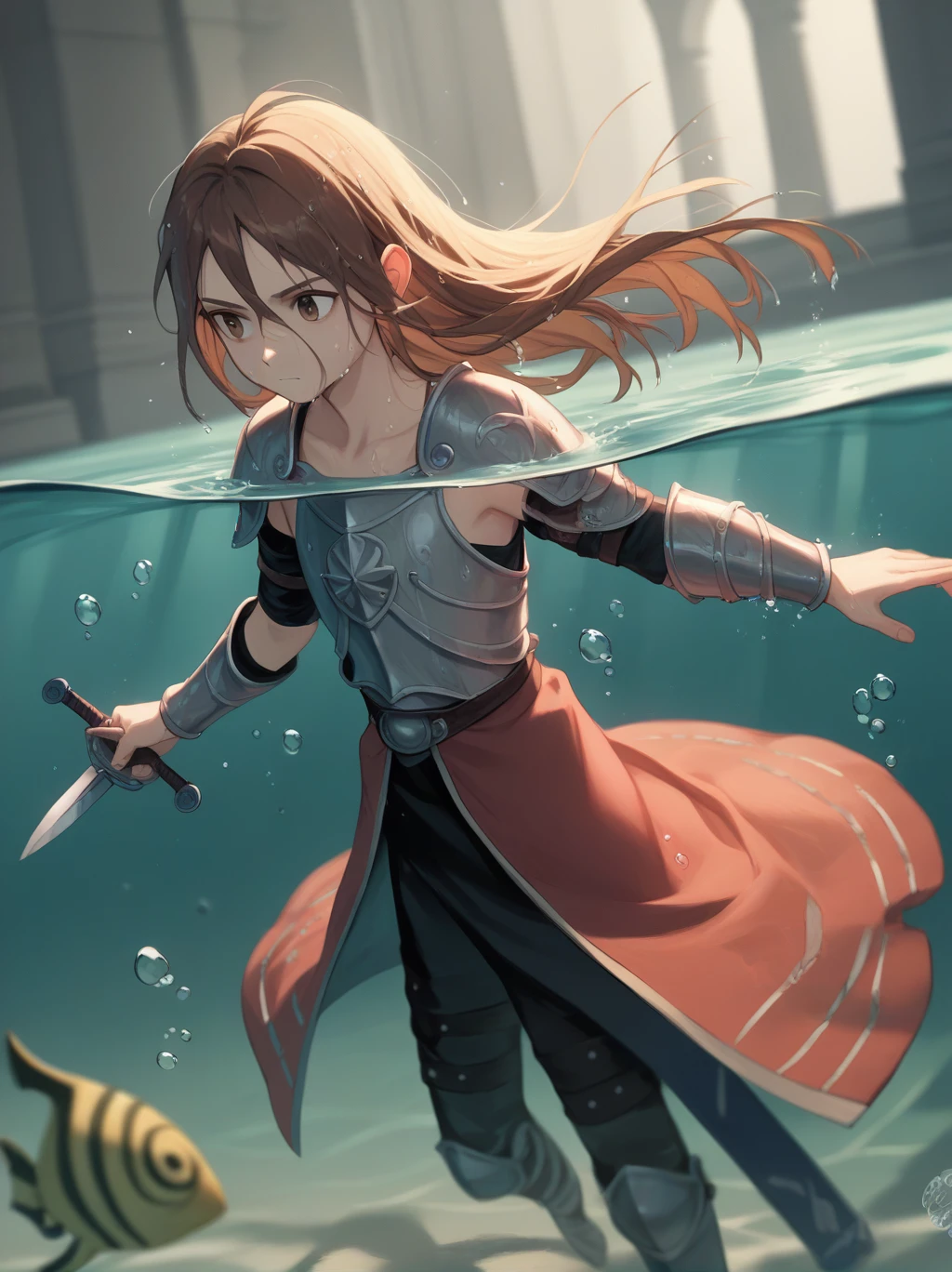Partially underwater,最high quality,high quality, 4 year old , Long Hair, Brown Hair, Wet Hair, Blurred Edges,Flat Chest,Pitch-dark underground labyrinth,No light,Leather armor,Equipped with a dagger and a shield,Face above water,Body in water, Underwater Photography,The robe rolls up due to buoyancy