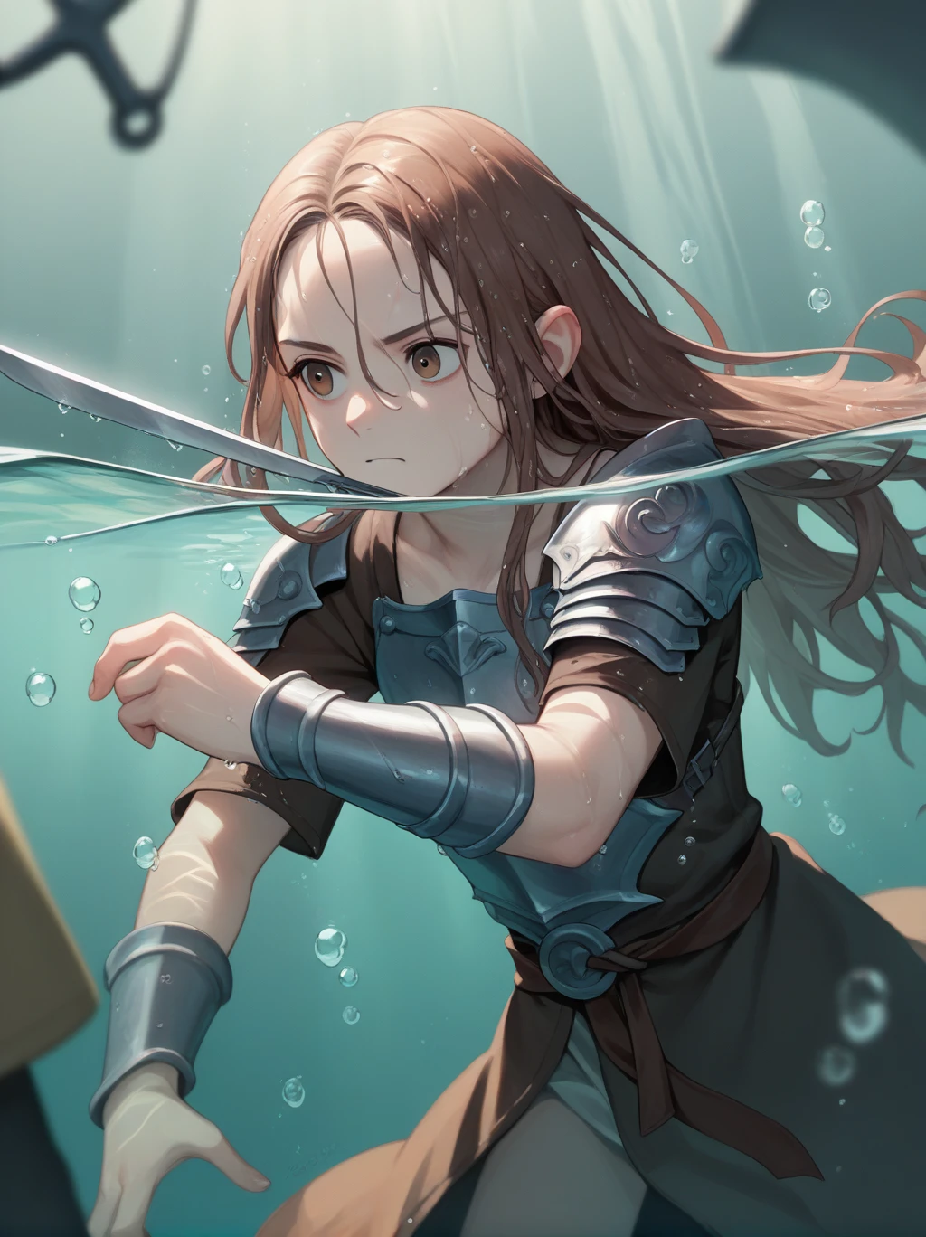 Partially underwater,最high quality,high quality, 4 year old , Long Hair, Brown Hair, Wet Hair, Blurred Edges,Flat Chest,Pitch-dark underground labyrinth,No light,Leather armor,Equipped with a dagger and a shield,Face above water,Body in water, Underwater Photography,The robe rolls up due to buoyancy