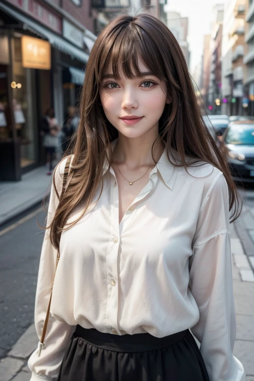 Caucasian woman with long hair with elegant bangs walking on the street and happy