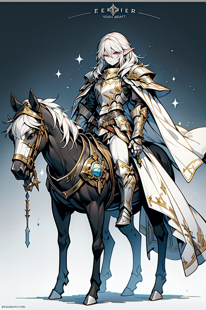male half elf knight, full body art, silver hair, white skin, topaz iris eye, knight full plate adorned armor, silver cape, perfectly detailed, mounted on a perfectly knight horse.