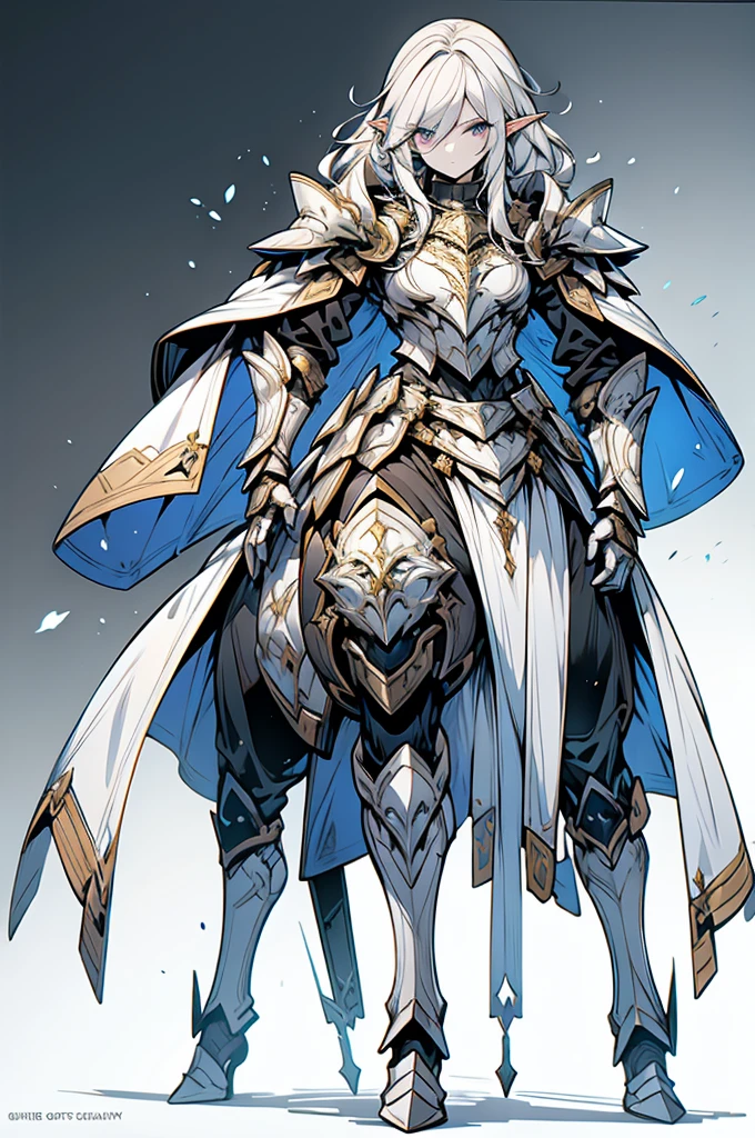 male half elf knight, full body art, silver hair, white skin, topaz iris eye, knight full plate adorned armor, silver cape, perfectly detailed, mounted on a perfectly knight horse.