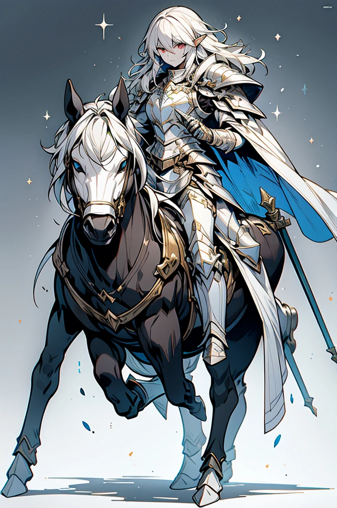 male half elf knight, full body art, silver hair, white skin, topaz iris eye, knight full plate adorned armor, silver cape, perfectly detailed, mounted on a perfectly knight horse.