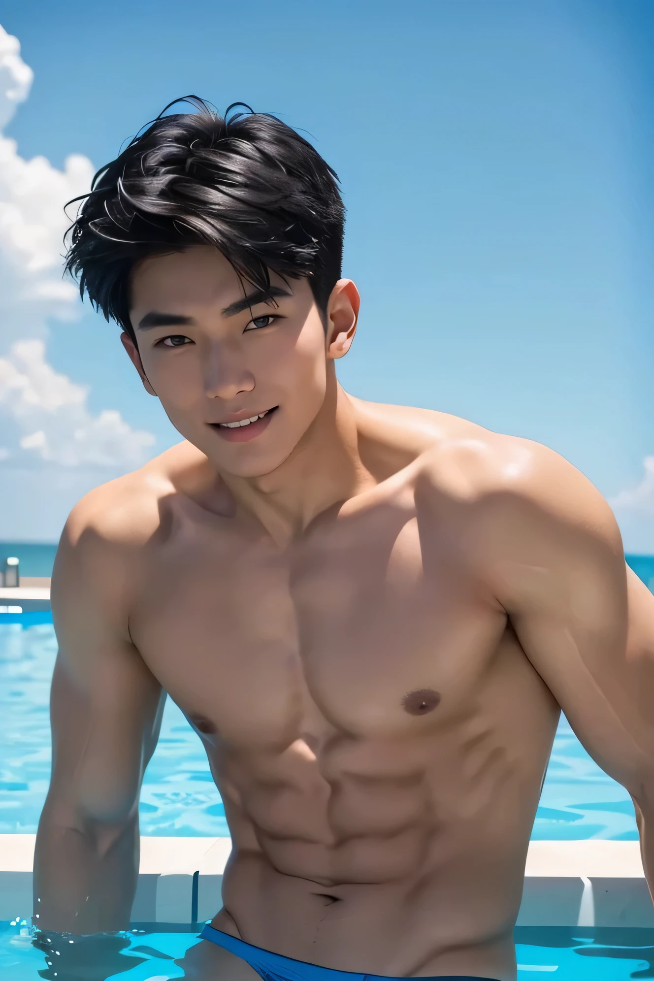 Handsome Asian Male Model adult Black Hair short hair Short cut Beautiful Skin slim and muscular Sky blue very small tight speedo swimwear Cerulean blue tight tiny rubber swimwear Tight and bulging Swimming Pool Part of the body is in the water looking at the camera looking at the camera smile Upper body is unclothed Upper body is unclothed