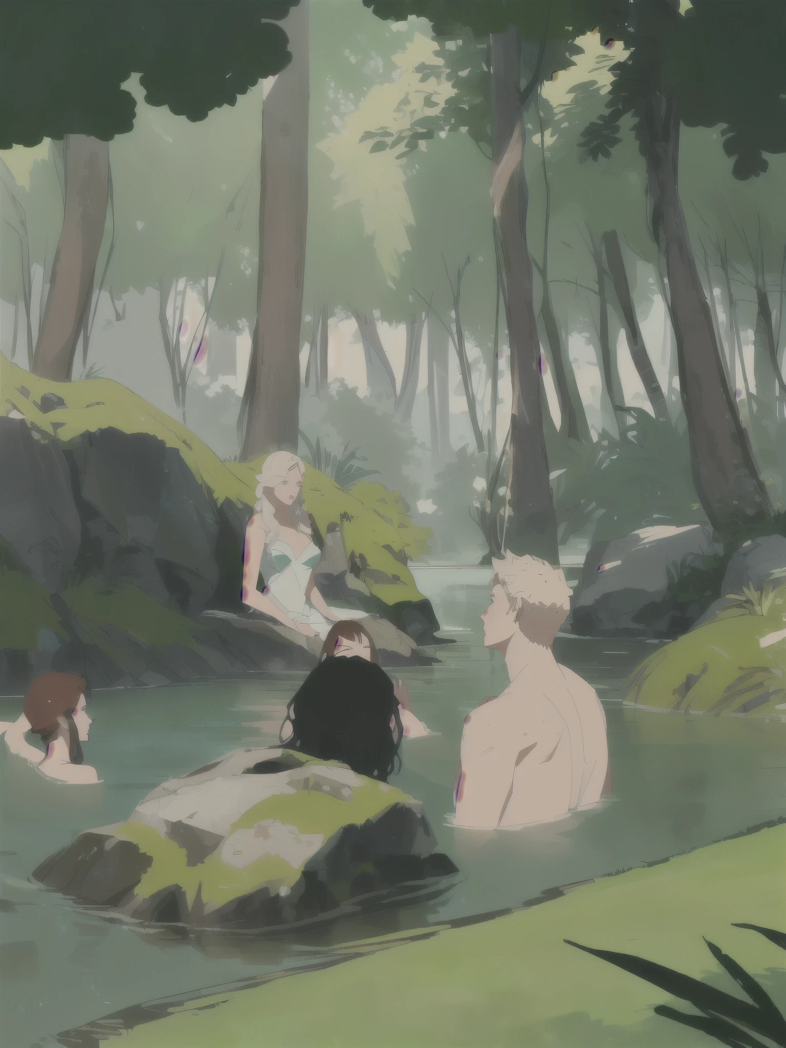 a group of 4 people bathing in a lake,1 woman, 3 men, crystal clear water, lush green trees surrounding the lake, warm sunlight filtering through the leaves, peaceful and serene atmosphere, detailed facial features, realistic skin textures, wet clothing and hair, splashing water effects, high quality 8k resolution, photorealistic, vibrant colors, natural lighting, masterpiece