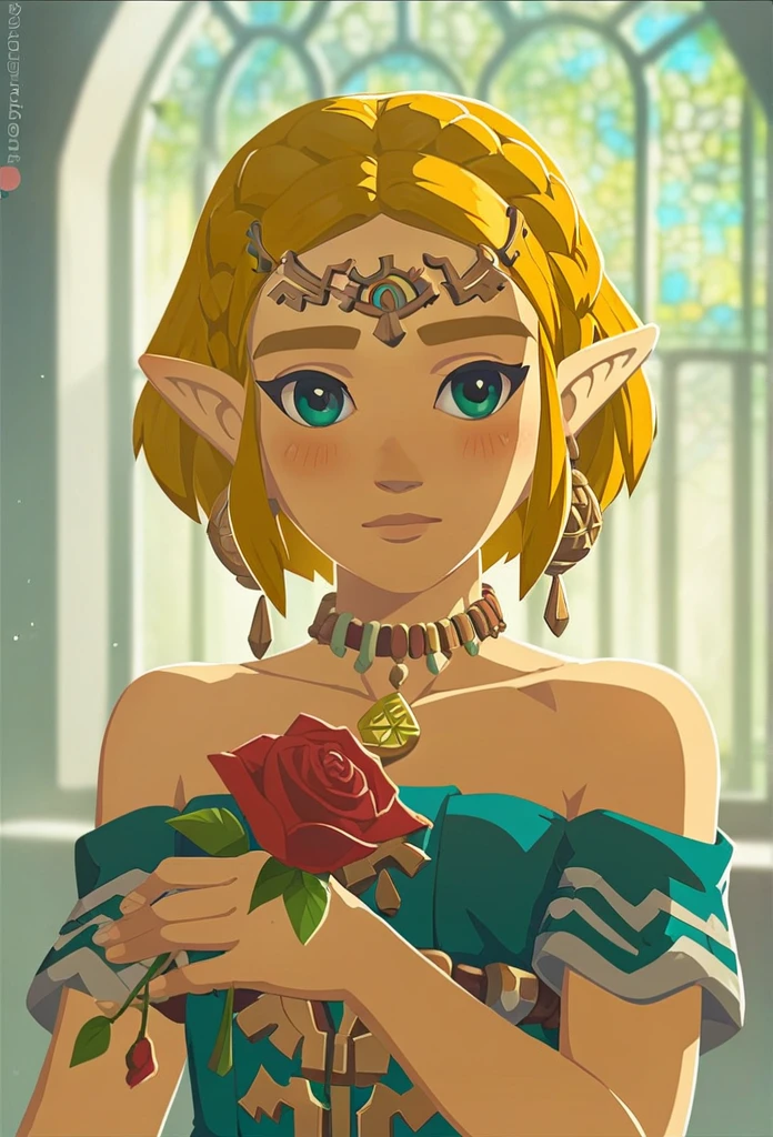 1girl like totkzelda,zonai dress, score_9, score_8_up, score_7_up, beautiful_face, blush, short hair,flat chest, holding roses in her hand. The sunlight shines through the window on her face, creating soft shadows that highlight details. She has exquisite makeup and bright eyes, giving off a warm feeling.