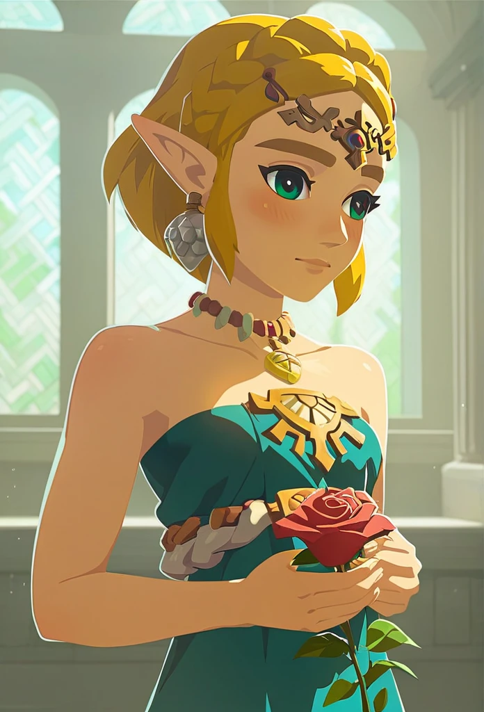 1girl like totkzelda,zonai dress, score_9, score_8_up, score_7_up, beautiful_face, blush, short hair,flat chest, holding roses in her hand. The sunlight shines through the window on her face, creating soft shadows that highlight details. She has exquisite makeup and bright eyes, giving off a warm feeling.