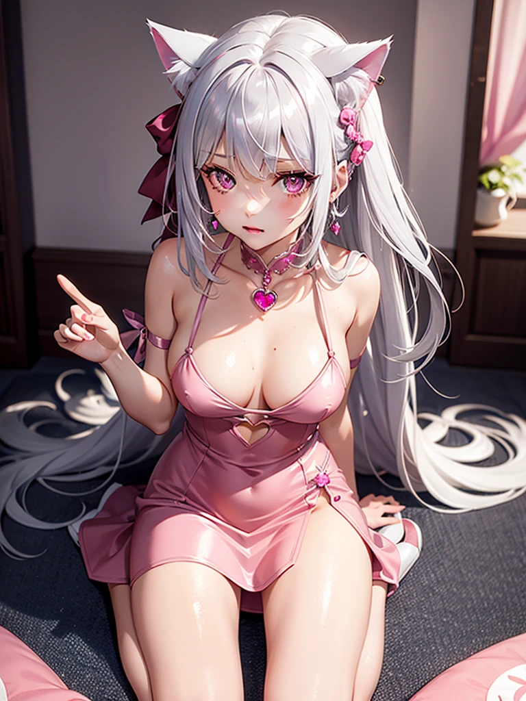 Silver hair, pink eyes, body, cat ears, y girl, earrings, background fantasy, red pink dress uniform, hair bows, sit down