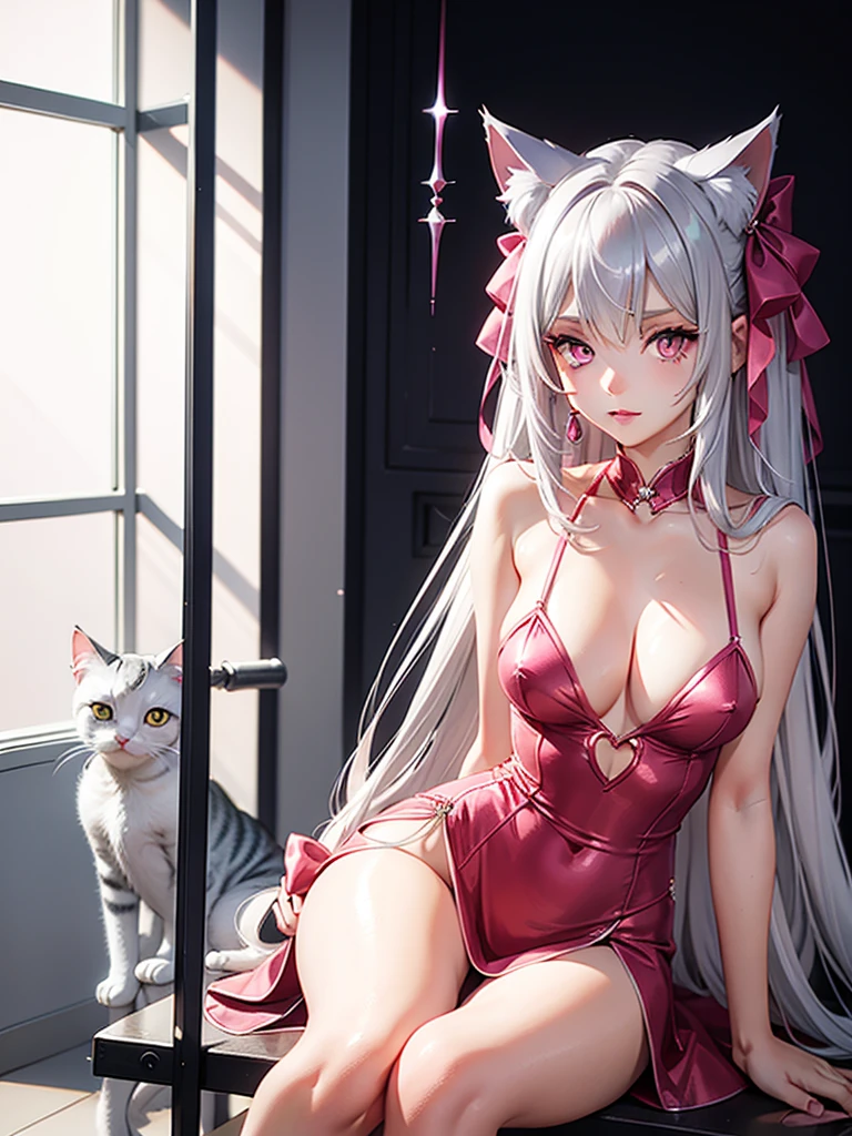 Silver hair, pink eyes, body, cat ears, sexy girl, earrings, background fantasy, red pink dress uniform, hair bows, sit down 